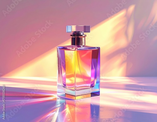 A vibrant perfume bottle, bathed in warm, iridescent light, sits on a smooth, reflective surface, showcasing a captivating interplay of colors.