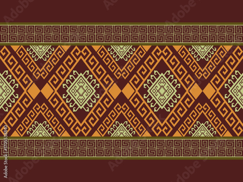 seamless tribal geometric border pattern features tones of dark, orange, and light brown. It can be applied to a variety of textiles, including bags, scarves, coats, blankets, rugs, wall hangings