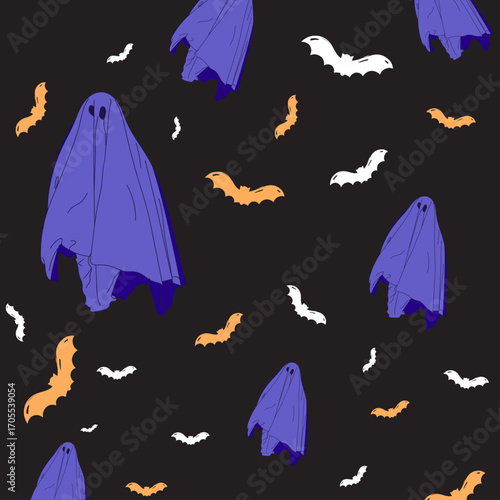 Spooky Halloween Pattern with Ghosts and Bats. A fun and slightly spooky seamless Halloween pattern featuring a variety of classic sheet ghosts and bats in a rich blue-purple colour.