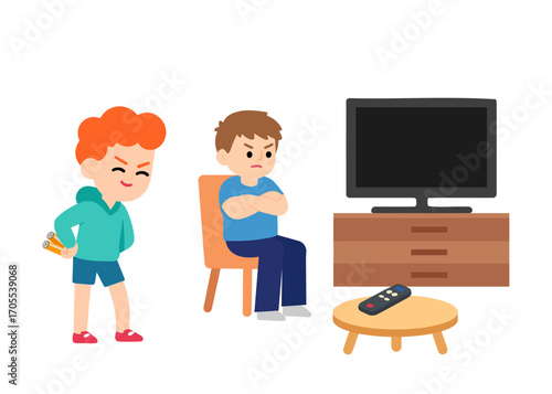 Vector illustration of two brothers. One boy hides batteries behind his back while the other looks upset sitting in front of a TV with a remote. Funny sibling mischief concept.
