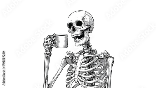 Funny Skeleton Holding Coffee Monochrome Spooky