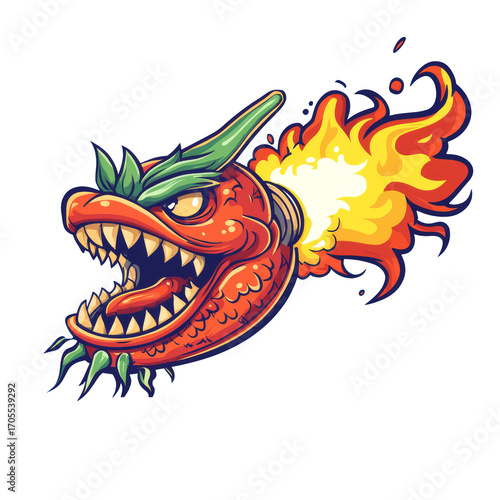 Wallpaper Mural Fiery cartoon chilli pepper creature with sharp teeth breathing flame, bold color and aggressive expression Torontodigital.ca