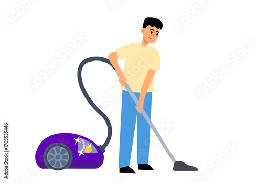 Flat vector illustration of a young man vacuuming the floor with a purple vacuum cleaner. Home cleaning concept in simple cartoon style. The necklace glitters in the vacuum cleaner.