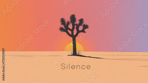 A solitary joshua tree silhouetted against a vibrant sunset sky, evoking a sense of peace and solitude in the desert landscape