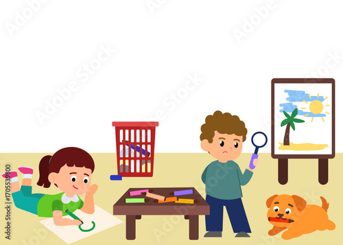 Flat vector illustration of children drawing at home with crayons. A girl sketches on paper, a boy holds a magnifying glass, and a playful dog steals a crayon.