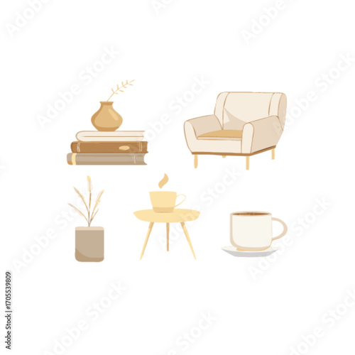 Elegant reading nook with chair, books, and steaming coffee