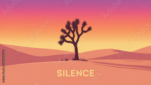 Serene desert landscape with a solitary joshua tree silhouetted against a vibrant sunset sky, evoking silence and tranquility illustration