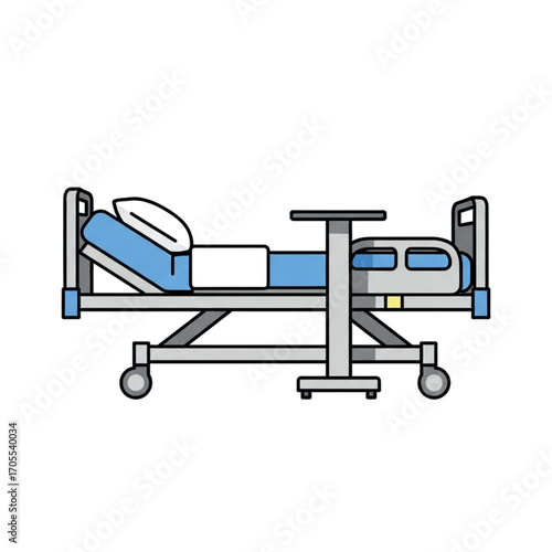 Hospital Bed With Overbed Table And Wheels.