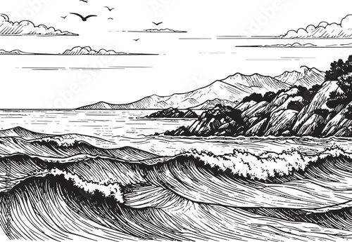 Seascape coast beach waves vector illustration