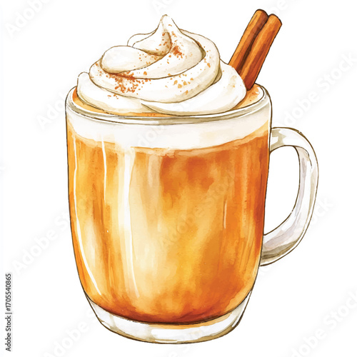 A delicious pumpkin spice latte with whipped cream and cinnamon stick.
