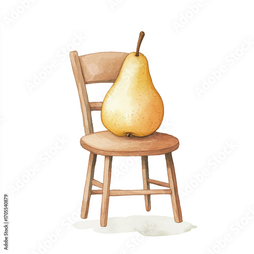 A large pear sits atop a small wooden chair a simple still life.