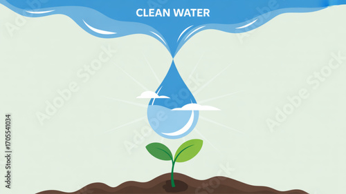 Illustration of a water drop falling on a plant, symbolizing clean water and environmental conservation