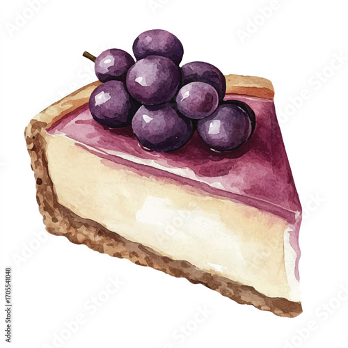 A slice of creamy cheesecake with grape topping.