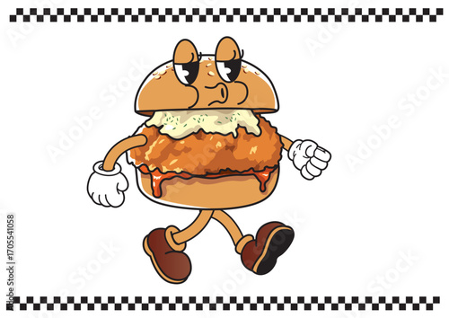 Focused cartoon hamburger character striding confidently while maintaining a serious expression. Food concept