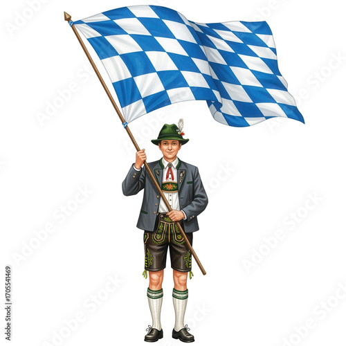Man in traditional Bavarian folk attire holding a large checkered flag with a proud expression.