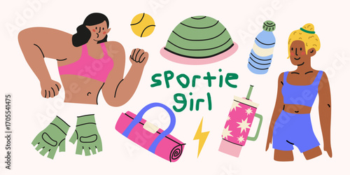Fitness elements clipart in retro style. Training items. Wellness and self care items routine with fitness equipment and healthy lifestyle elements. Doodle girls characters in cartoon flat style