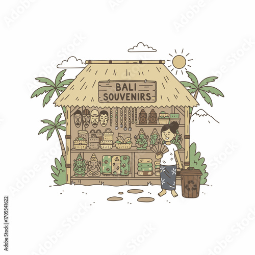 A woman stands in front of a Bali souvenir stall, showcasing various handcrafted items under a thatched roof.