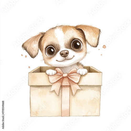 Adorable Puppy in Gift Box Watercolor Illustration.
