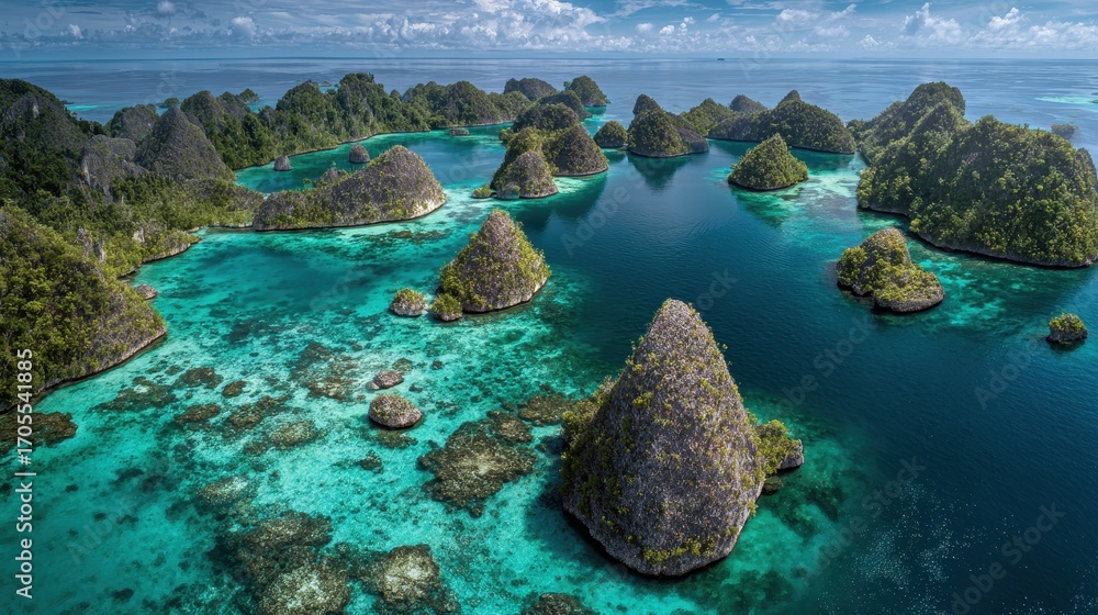 Obraz premium Stunning aerial panorama of Raja Ampat, with lush karst islands in turquoise water and visible coral reefs.