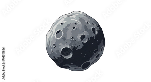 Illustration of a cratered asteroid in space.