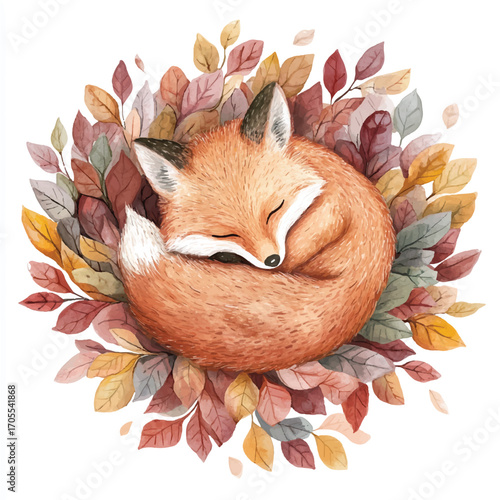 Adorable sleeping fox curled up surrounded by colorful autumn leaves.