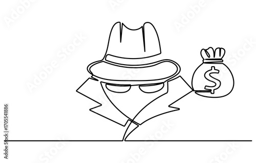 Hacker One line drawing of anonymous face character. Portrait close up of a criminal with single continuous lineart isolated on white background.