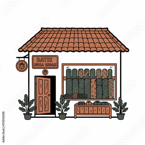 A stylized illustration of a batik shop, showcasing traditional Indonesian textiles.