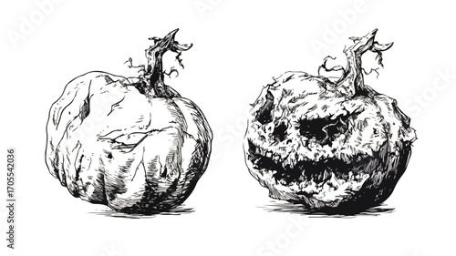 Halloween Pumpkin Head Mascot Engraving Ink Sketch