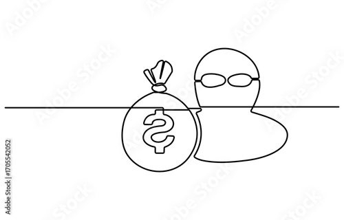 Hacker One line drawing of anonymous face character. Portrait close up of a criminal with single continuous lineart isolated on white background.