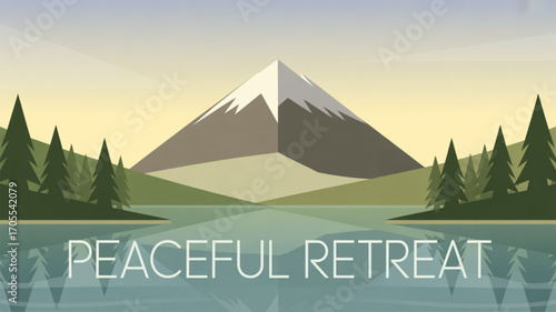 A peaceful retreat in nature with a serene lake, majestic mountain, and lush trees, perfect for relaxation and rejuvenation