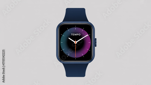 A smartwatch with a colorful display and a dark blue band, , perfect for fitness or technology
