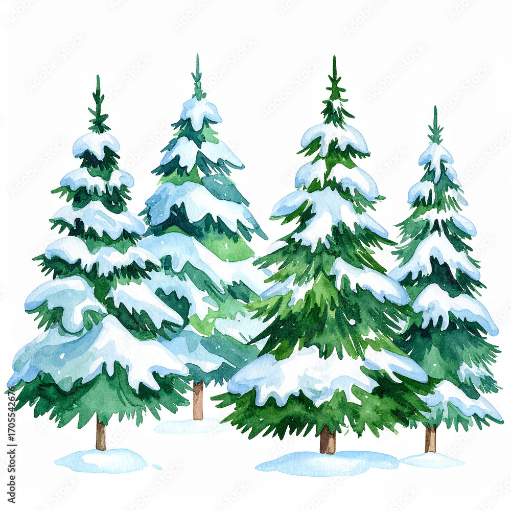 Fototapeta premium Watercolor painting of green Christmas trees covered with thick white snow, hand drawn art style