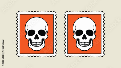 Two postage stamps featuring white skulls on orange backgrounds with serrated edges side by side