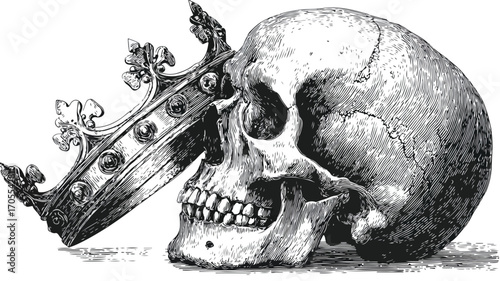 Woodcut Style Vector of Human Skull Adorned with Crown - Professional and Artistic Illustration for Design Projects