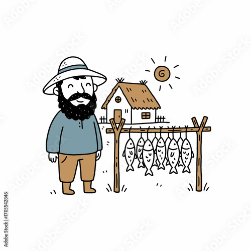 A cartoon illustration of a bearded fisherman standing near dried fish and his small cottage.