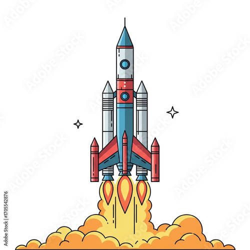 Illustration of a rocket launching into space with flames and smoke.