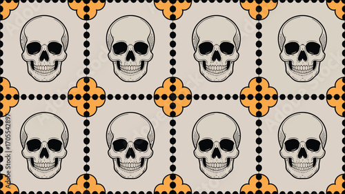 Repeating pattern of skulls and orange quatrefoil shapes on a light gray background with black accents
