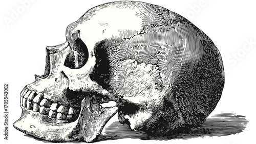 Detailed Human Skull Woodcut Engraving Vector Illustration