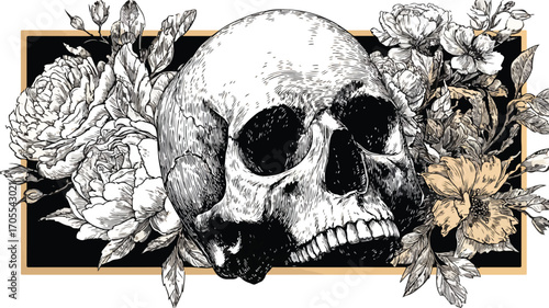 Human Skull in Flower Frame Woodcut Style Vector Illustration