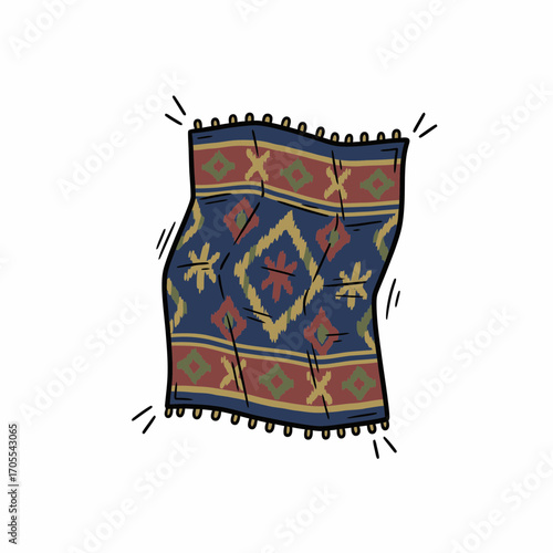 A stylized illustration of a patterned rug, with vibrant colors and a slightly crumpled appearance.