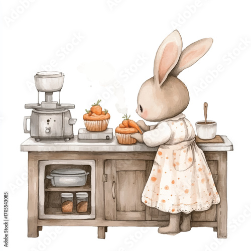 Adorable watercolor rabbit character baking carrot cupcakes in a kitchen.