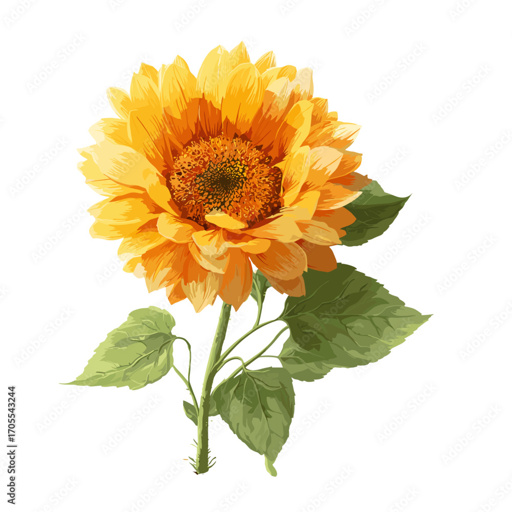 Fototapeta premium Yellow sunflower with green leaves illustration on white background