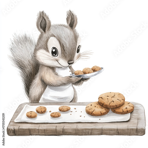 Adorable watercolor squirrel in an apron baking chocolate chip cookies.