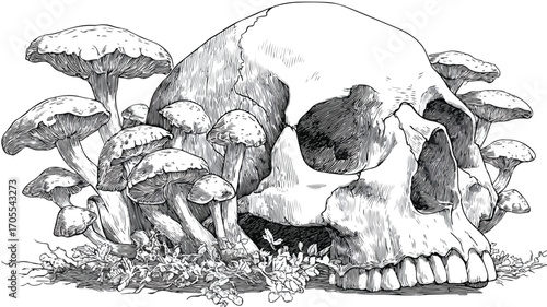 Woodcut Style Illustration of Human Skull with Mushrooms for Designs