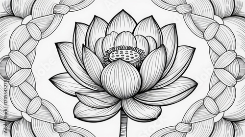 A detailed black and white drawing of a lotus flower with intricate petals and a decorative border, showcasing natures beauty and artistic skill
