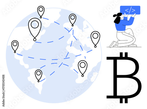 Globe with connected location pins, Bitcoin symbol, person coding. Ideal for blockchain, cryptocurrency, fintech, global connections, digital transactions, decentralization simple landing page