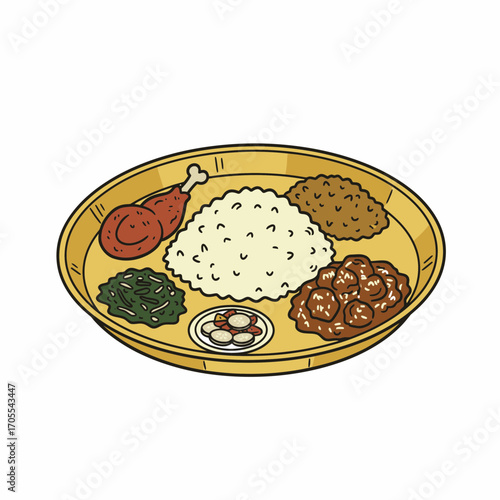 Colorful illustration of a traditional Indian platter with rice, curry, chicken, and other side dishes.