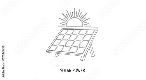 Vector illustration of simple line art illustration of a solar panel with a sunburst above it, representing solar power, isolated on a