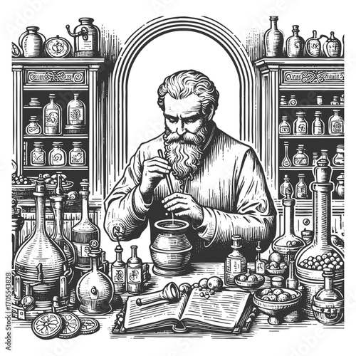 old alchemist working in a laboratory surrounded by flasks, scales, and mysterious equipment sketch engraving generative ai fictional character vector illustration. Scratch board. Black and white.