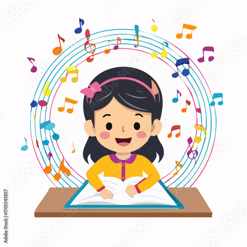 A young girl reading a book surrounded by colorful musical notes and staves.